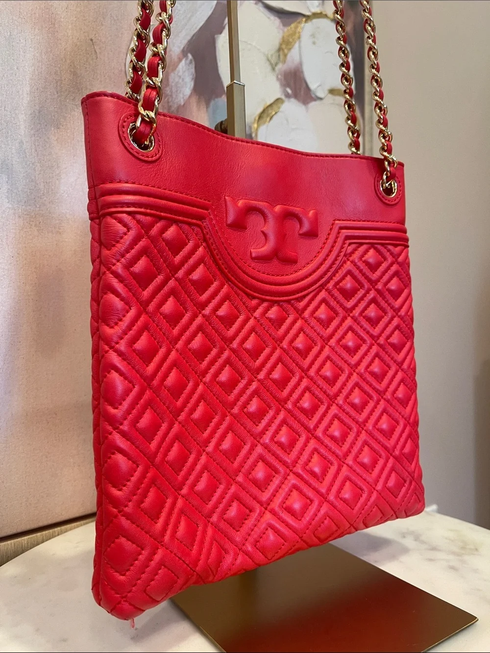 Tory Burch Red Quilted Leather Chain Shoulder Tote with Tassel